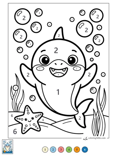 Smiling Baby Shark with Bubbles and Starfish — color by number