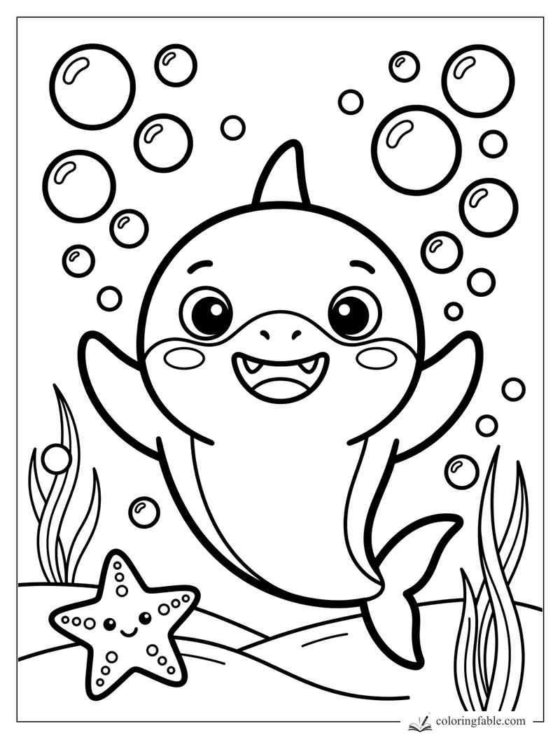 Cute baby shark smiling among bubbles, seaweed, and a happy starfish coloring page