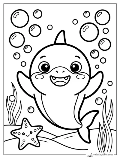 Cute baby shark smiling among bubbles, seaweed, and a happy starfish coloring page