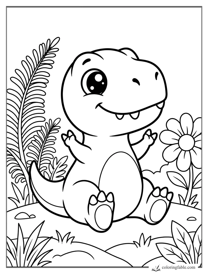 Kawaii baby T. rex sitting among ferns, leaves, rocks, and a big daisy flower.