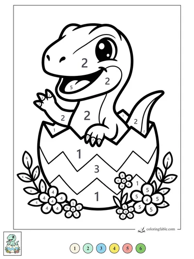 Smiling Baby Velociraptor in a Cracked Egg — color by number