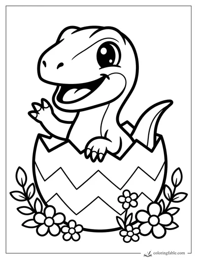 Kawaii baby velociraptor smiling inside a zigzag cracked egg with flowers and leafy sprigs