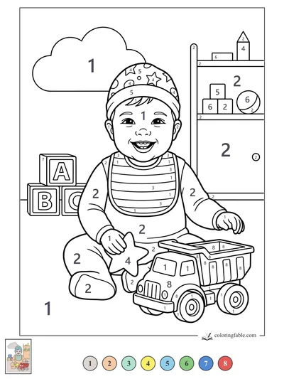 Smiling Baby with Star Hat and Dump Truck — color by number