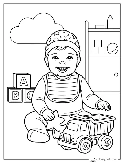Smiling baby in a star hat holding a star beside a toy dump truck, blocks, shelf, and cloud.