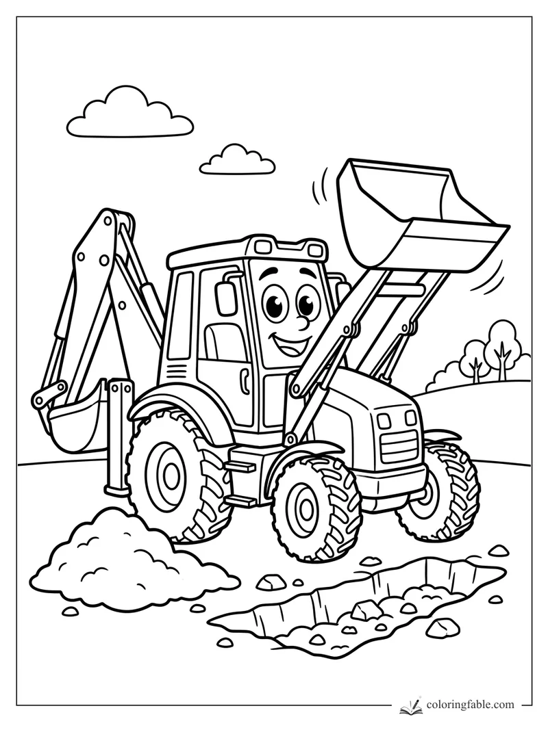 Cartoon backhoe loader smiling with raised front bucket, rear digging arm, dirt pile, trench, rocks, and clouds.