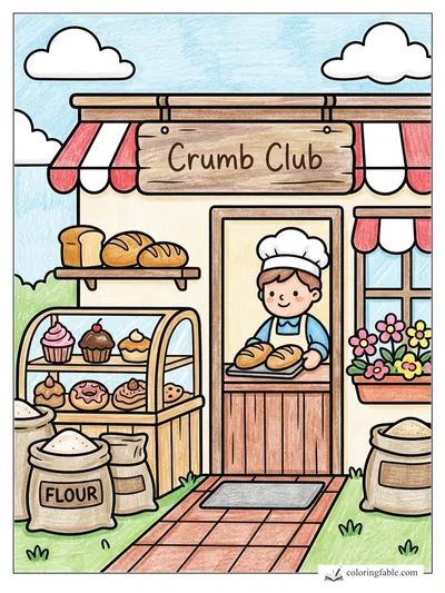 Smiling Baker at the Cozy Town Bakery — colored example