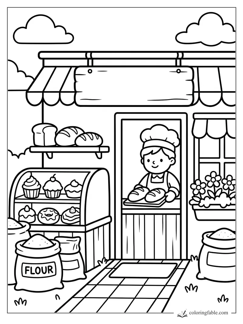 Cozy bakery coloring page with smiling baker, bread tray, pastry case, flour sacks, awnings, and flowers.
