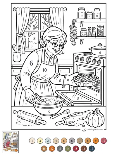 Smiling Baker Pulling a Lattice Pie from the Oven — color by number