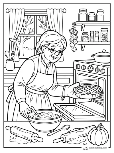 Smiling baker in apron removes a lattice pie from the oven in a Thanksgiving kitchen.