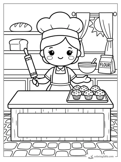 Kawaii baker holding a rolling pin beside muffins, flour, mixing bowl, bread shelves, and sunny curtains.