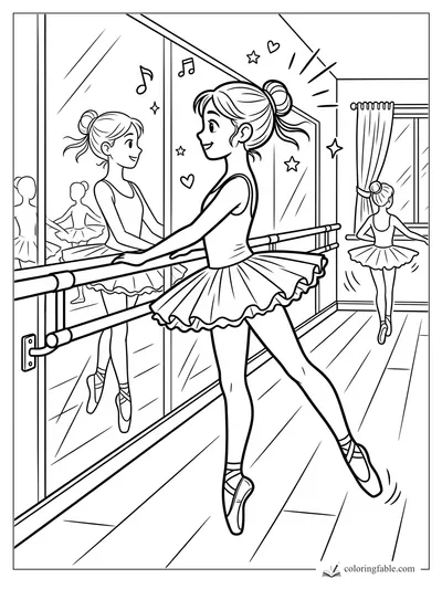 Cartoon ballerina smiling at a mirror barre in a dance studio with stars, hearts, curtains, and another dancer.
