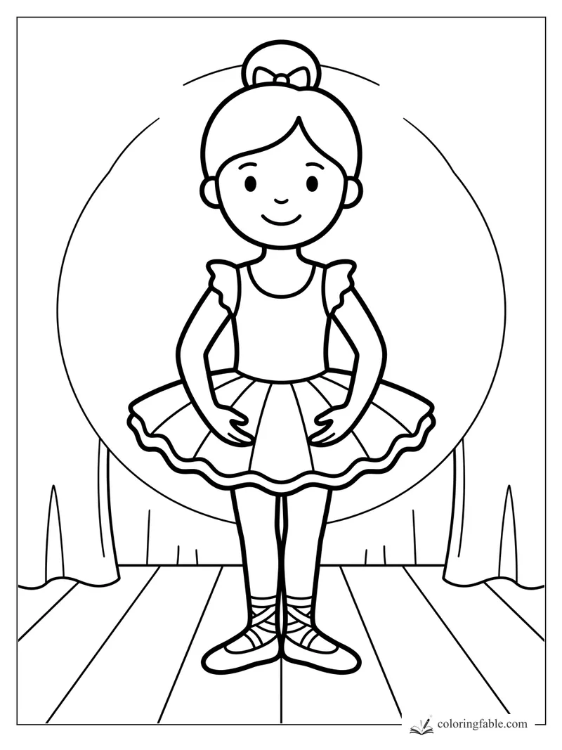 Easy coloring page of a smiling ballerina in a tutu, bow bun, curtains, and round stage backdrop.