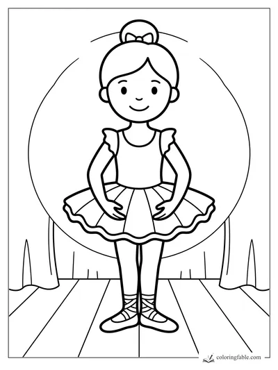 Easy coloring page of a smiling ballerina in a tutu, bow bun, curtains, and round stage backdrop.