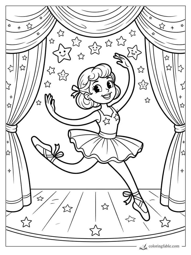 Vintage-style ballerina dancing on a stage with tied curtains, smiling stars, and ribboned ballet shoes.