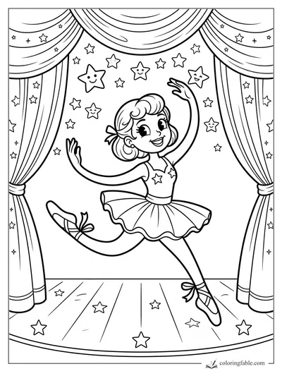 Vintage-style ballerina dancing on a stage with tied curtains, smiling stars, and ribboned ballet shoes.