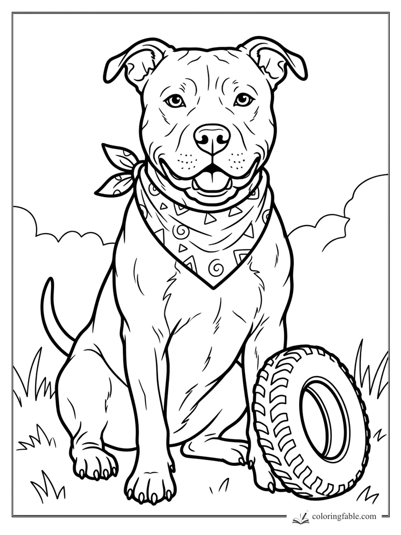 Smiling dog in a patterned bandana sitting in grass beside a tire toy coloring page