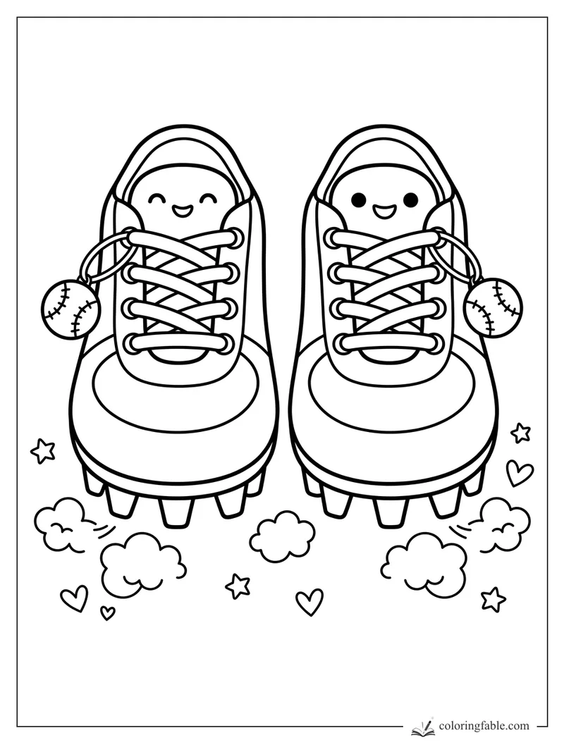 Kawaii baseball cleats with smiling faces, crossed laces, baseball charms, stars, hearts, and dust clouds.