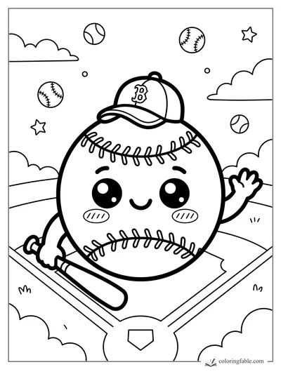 Kawaii baseball with cap and bat waving from home plate under clouds, stars, and floating balls