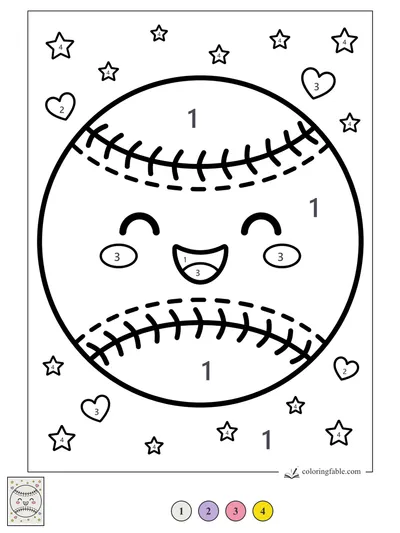 Smiling Baseball with Stars and Hearts — color by number