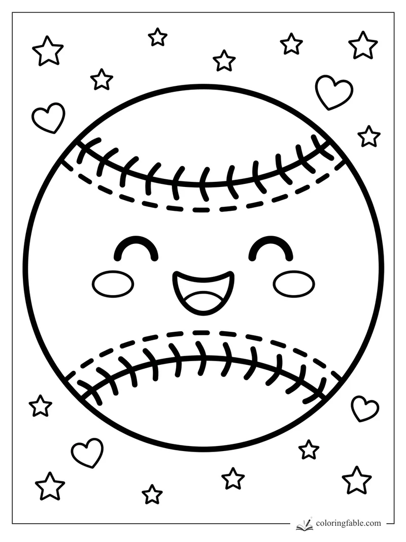 Kawaii smiling baseball with curved stitches, blush cheeks, stars, and hearts to color.