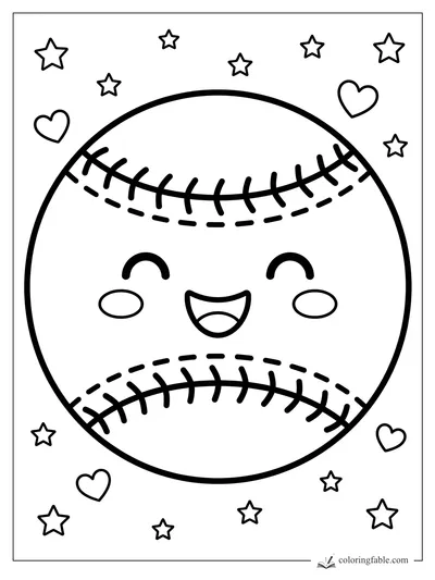 Kawaii smiling baseball with curved stitches, blush cheeks, stars, and hearts to color.