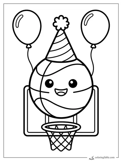 Kawaii basketball smiling on a hoop, wearing a striped party hat with two balloons tied behind it.