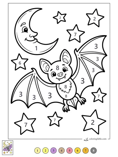Smiling Bat Beneath the Crescent Moon — color by number