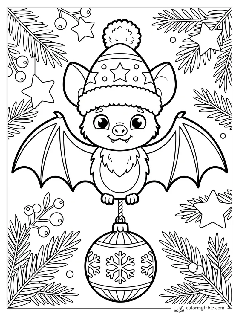 Cartoon bat in a pom-pom hat holding a snowflake ornament among pine branches and hanging stars.