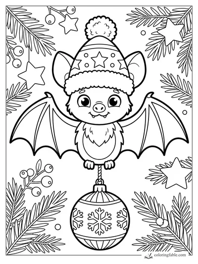 Cartoon bat in a pom-pom hat holding a snowflake ornament among pine branches and hanging stars.