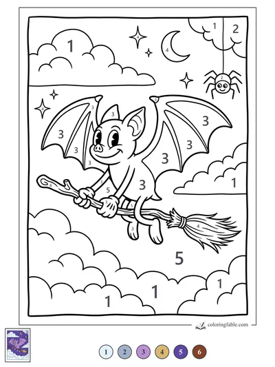 Smiling Bat on a Broomstick Flight — color by number