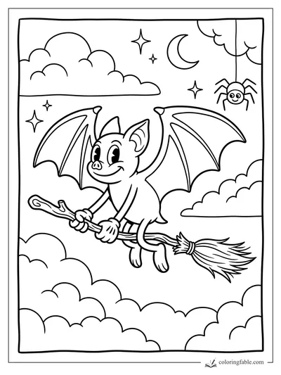 Vintage-style bat riding a broomstick past clouds, stars, crescent moon, and a dangling spider.