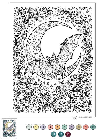 Smiling Bat on a Swirly Crescent Moon — color by number