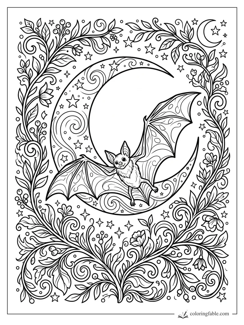 Smiling bat perched on a crescent moon with stars, leafy vines, flowers, and curling botanical patterns.