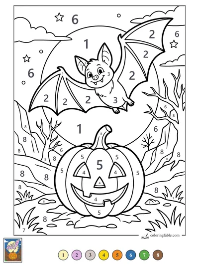 Smiling Bat Over a Jack-o’-Lantern — color by number