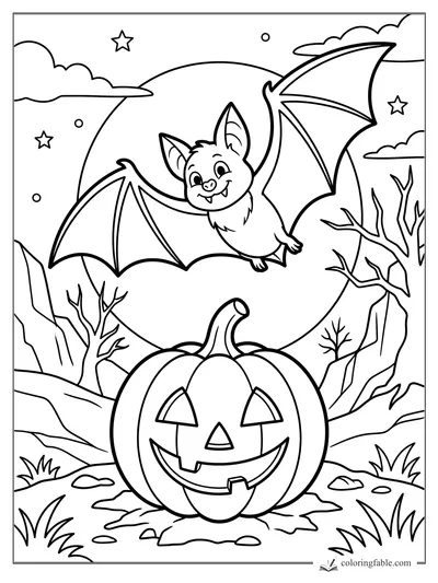 Cartoon bat flying above a smiling jack-o’-lantern under a full moon with stars and bare trees.