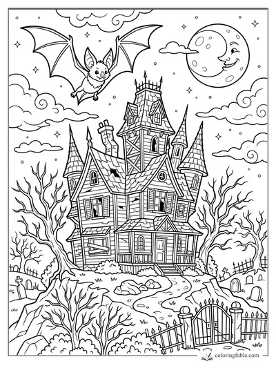 Cartoon bat flying above a crooked haunted house, crescent-faced moon, bare trees, graves, and iron gate