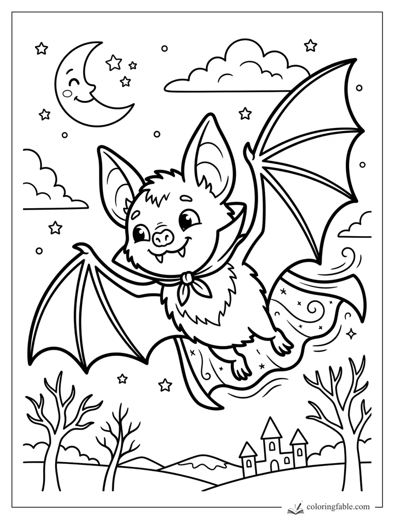 Cartoon bat with big wings, a starry cape, crescent moon, clouds, trees, and castle below.