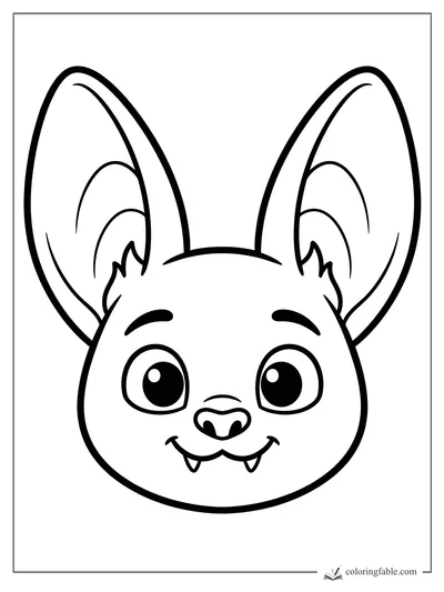 Minimalist cute bat face with oversized ears, bright eyes, tiny fangs, and a cheerful smile.