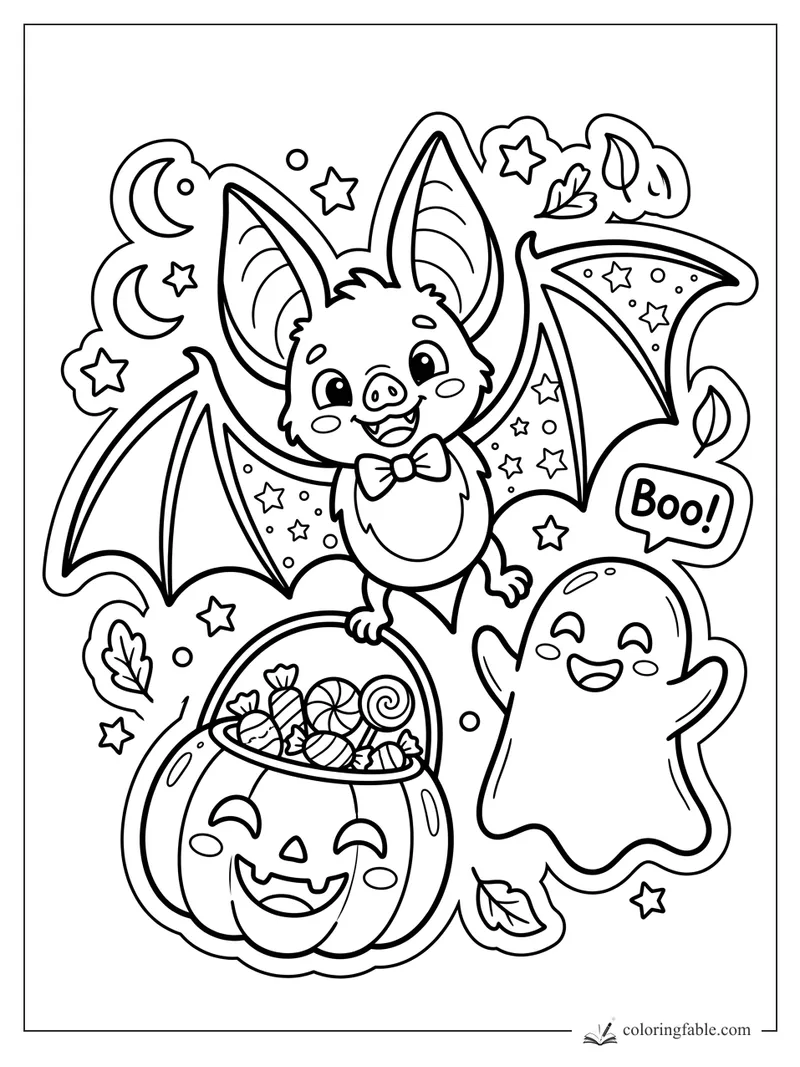 Cute sticker-style bat with bow tie, candy pumpkin, ghost, moons, stars, leaves, and Boo speech bubble.