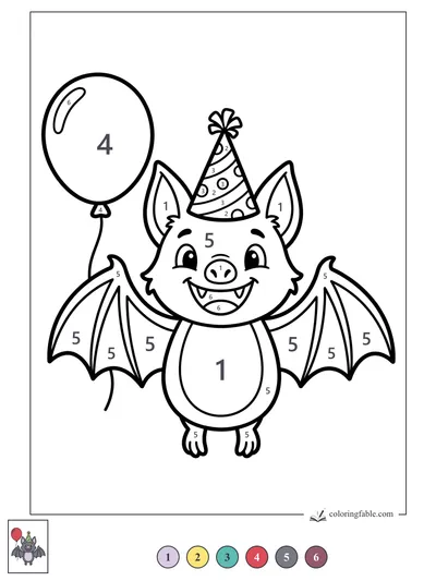 Smiling Bat With Party Hat and Balloon — color by number