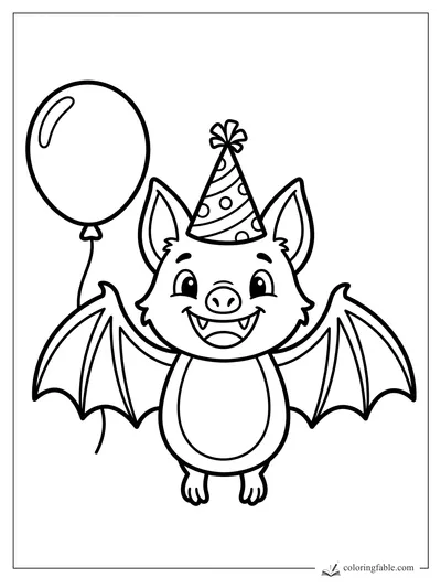 Cartoon bat wearing a striped party hat, smiling with wings open beside a round balloon.