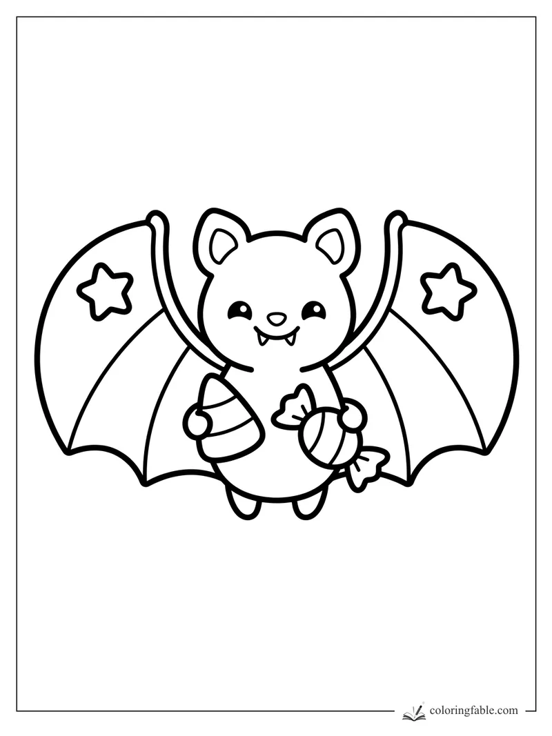 Kawaii bat smiling with star-marked wings, holding candy corn and a wrapped candy.
