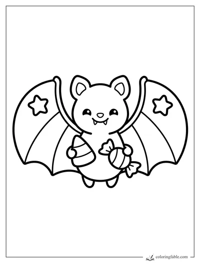 Kawaii bat smiling with star-marked wings, holding candy corn and a wrapped candy.