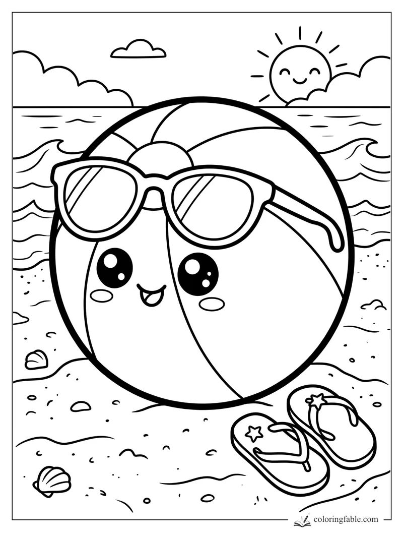 Kawaii beach ball wearing sunglasses on sand with flip-flops, shells, waves, and a smiling sun
