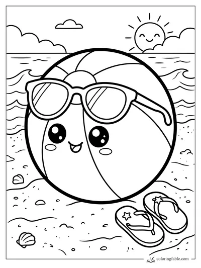 Kawaii beach ball wearing sunglasses on sand with flip-flops, shells, waves, and a smiling sun
