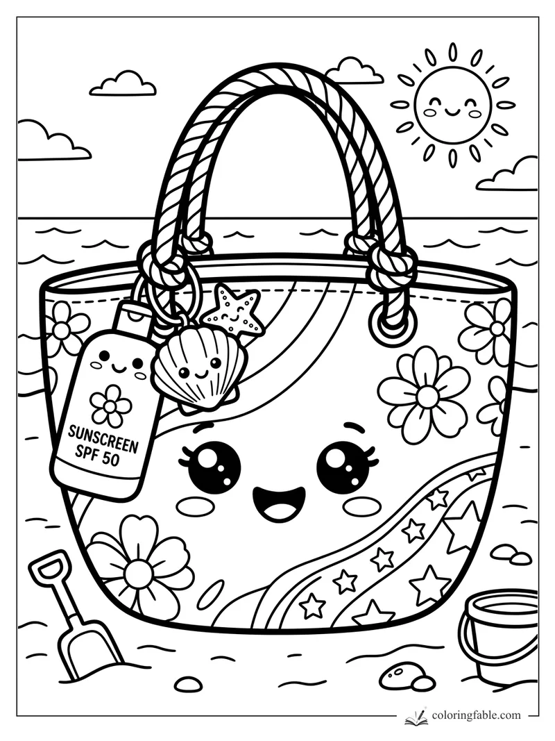 Kawaii beach tote with rope handles, sunscreen, shell charms, flowers, waves, sun, shovel, and bucket.