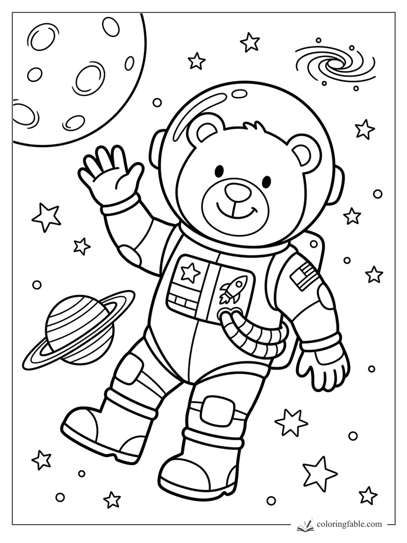 Cartoon bear astronaut waving in a spacesuit among stars, planets, a moon, and a spiral galaxy.