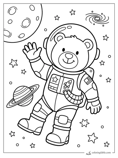 Cartoon bear astronaut waving in a spacesuit among stars, planets, a moon, and a spiral galaxy.