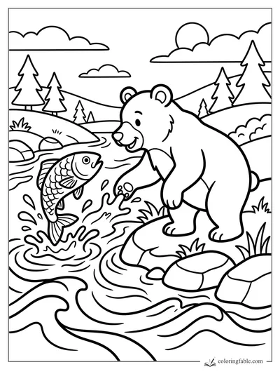 Cartoon bear reaches toward a leaping fish in a rushing mountain stream with pine trees and clouds.