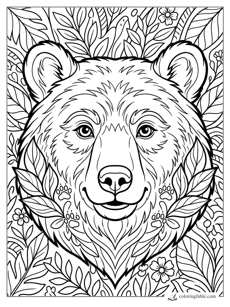 Smiling bear face with paw-print cheek marks, flowers, and dense leafy folk-art background